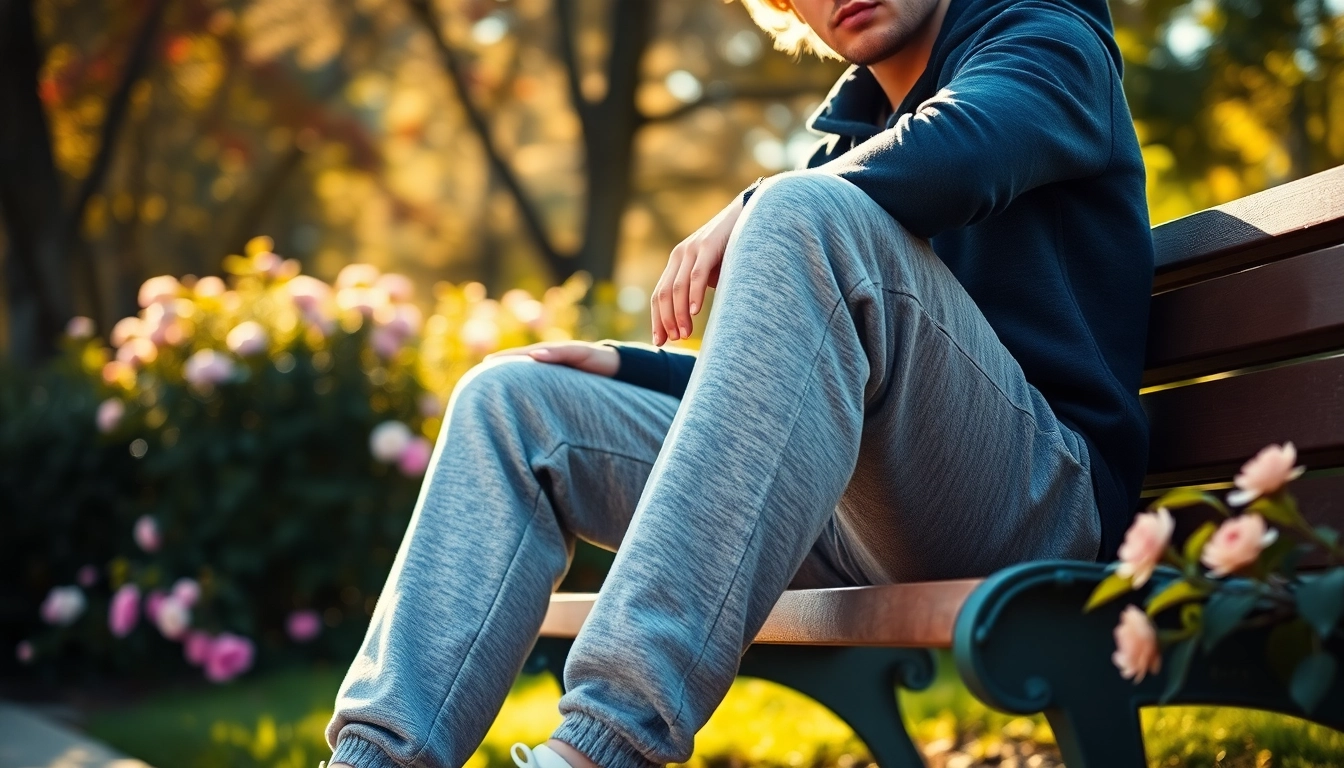 Model relaxing in stylish french terry sweatpants in a sunny park setting.