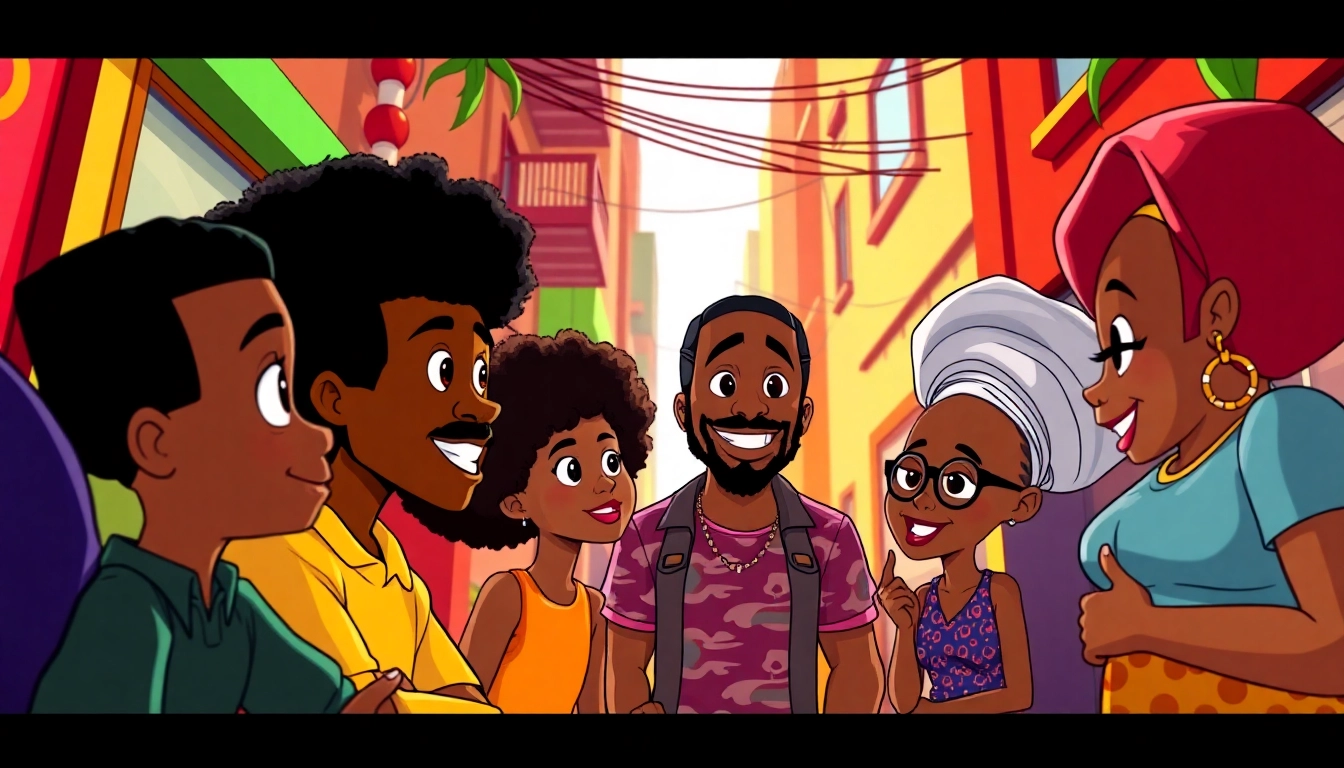 Illustration of African American Cartoons featuring iconic characters in a lively discussion.