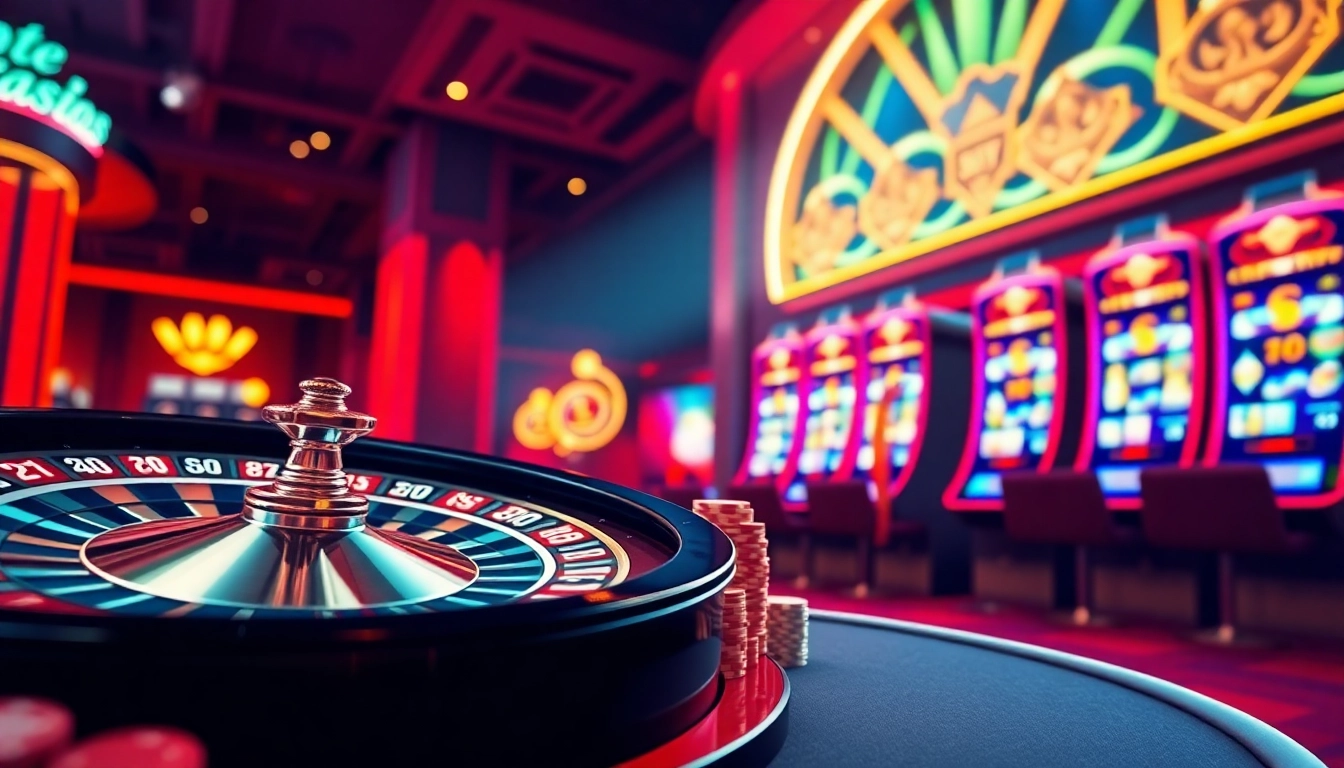 Experience the thrill of idn slot games with vibrant roulette wheels and colorful slot machines in this luxurious casino scene.