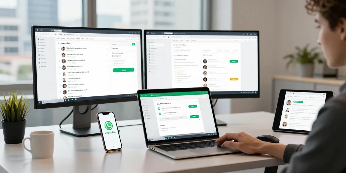 Modern workspace with WhatsApp電腦版 on displays in a tech-savvy environment
