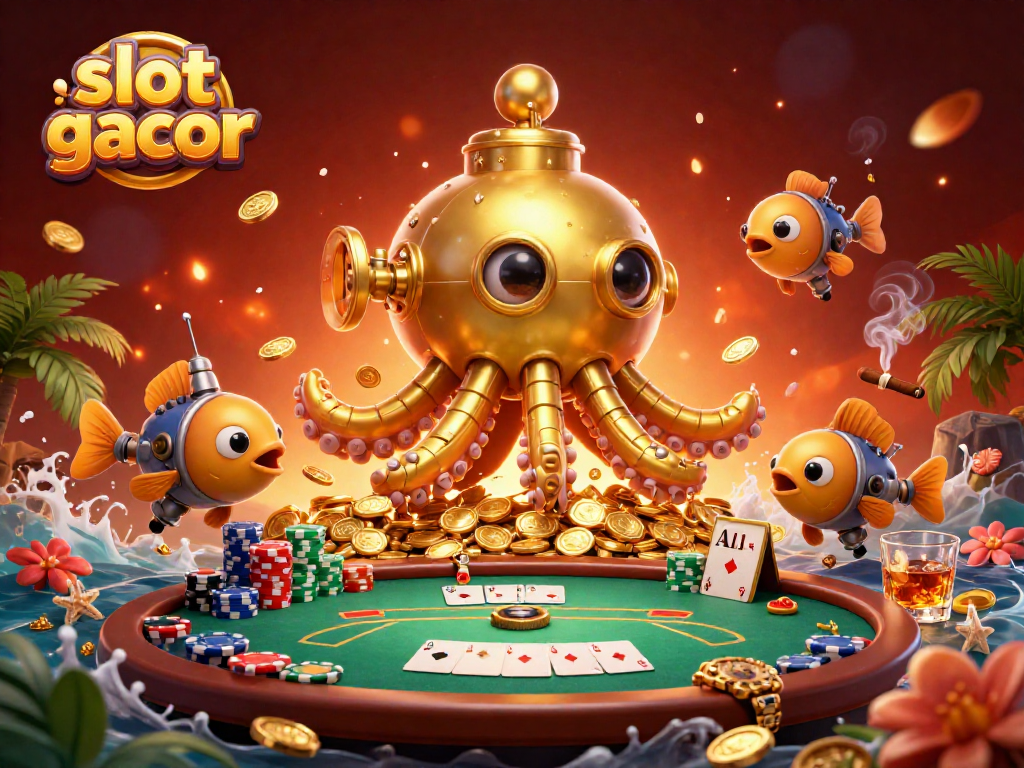 Engage with the vibrant slot gacor scene featuring a golden kraken, poker elements, and dynamic energy.