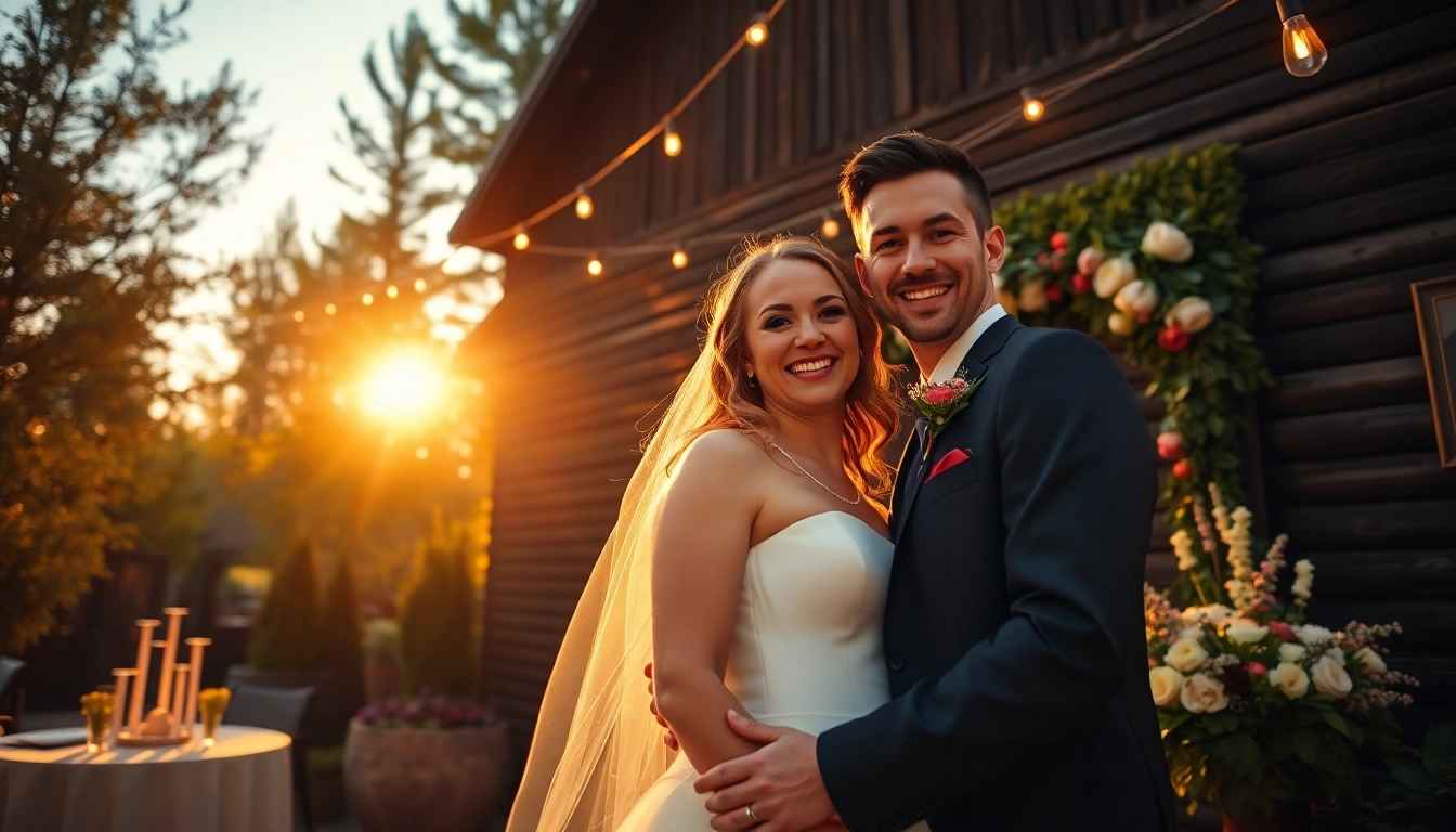 Edmonton videographer capturing a joyful wedding scene with golden sunset lighting.