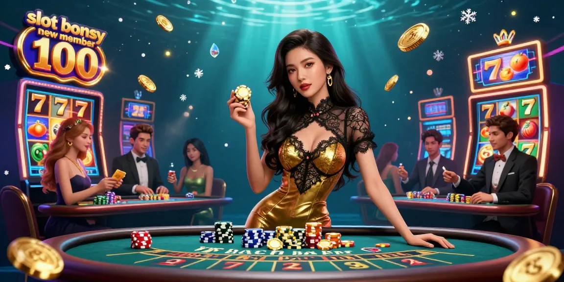Engage with slot bonus new member 100 in a vibrant casino scene featuring an Asian woman at a VIP baccarat table surrounded by slot game elements.