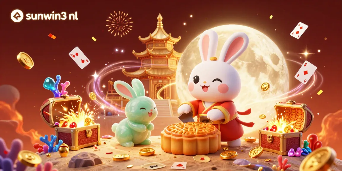 Experience the thrill at sunwin3 nl with a vibrant 3D casino scene featuring a moon rabbit, poker chips, and festive elements.