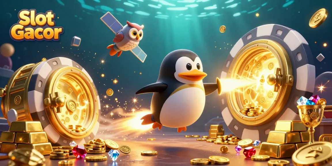 Experience Slot Gacor excitement with a golden penguin soaring past gleaming treasures in this vibrant casino scene.
