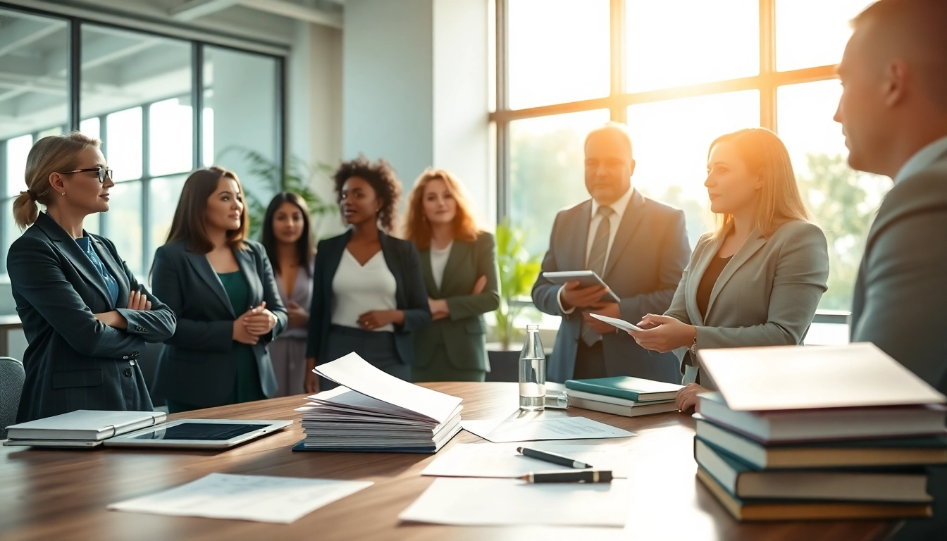 A professional environmental law firm consultation showing attorneys and clients discussing legal strategies.