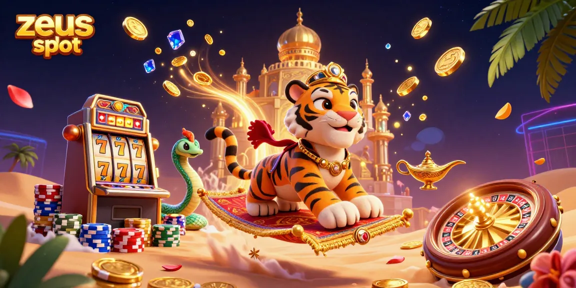 Menang di zeus slot dengan mesin slot yang menampilkan simbol keberuntungan yang berkilau.