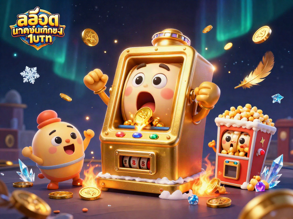 Play สล็อตฝากขั้นต่ำ1บาท to win big with this vibrant slot illustration featuring cheering machines.
