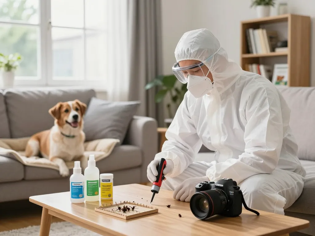 Professional pest control guide service for home inspections, technician checking for bugs with tools.