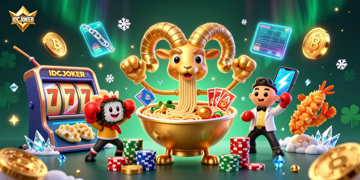 IDCJOKER showcases a colorful 3D scene with a ramen bowl character dealing cards in a vibrant casino atmosphere.