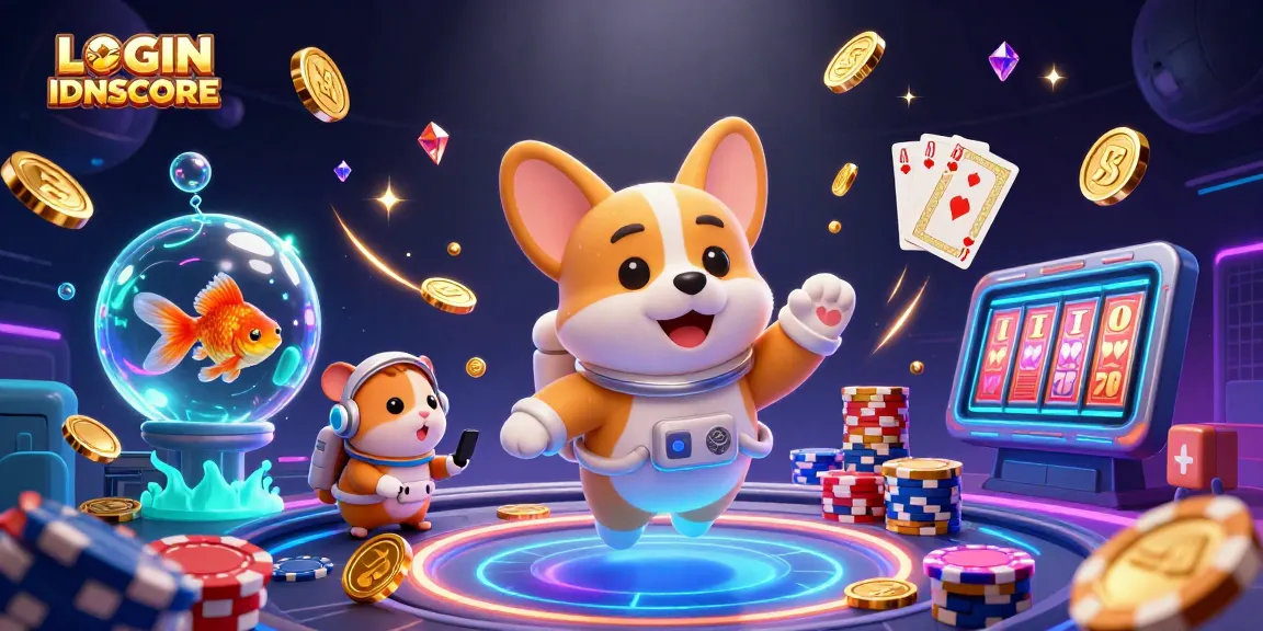 Engage with LOGIN IDNSCORE in a vibrant, dynamic casino scene featuring characters and floating gaming elements.