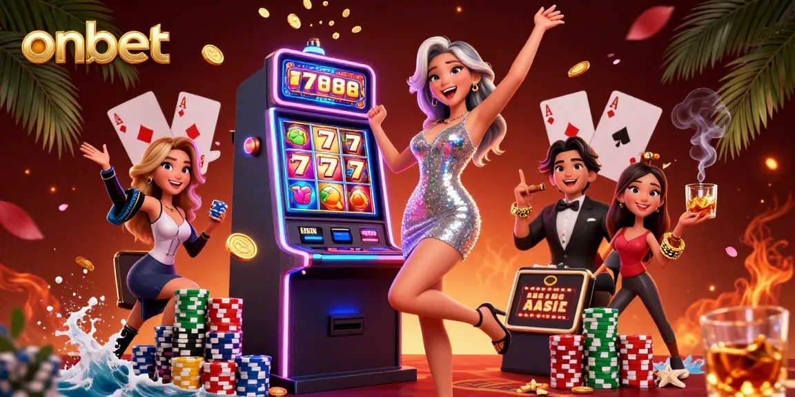 Celebrate jackpots at onbet with a stunning Asian woman amidst vibrant casino elements.