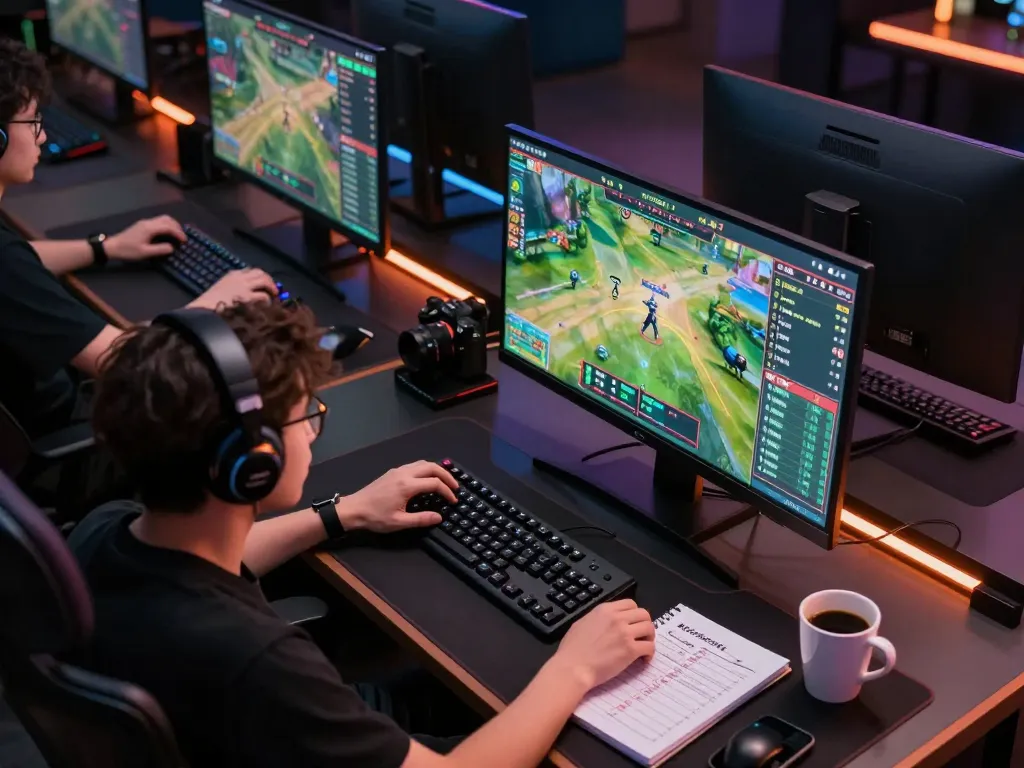 Engaged player strategizing online esports betting with jae888 interfaces on multiple screens, capturing immersive experience