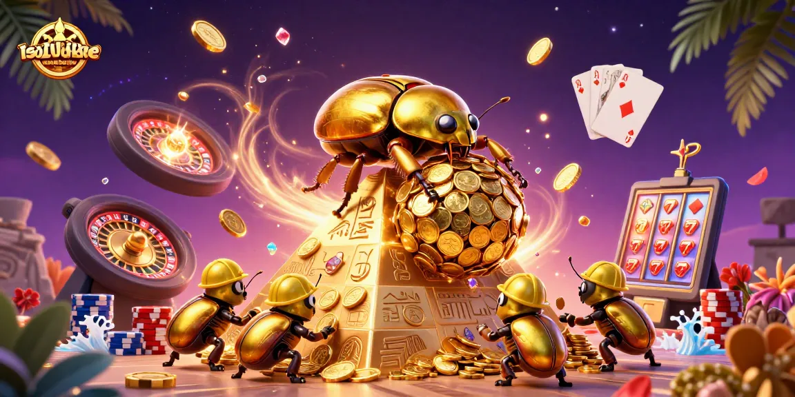 Watch the massive golden dung beetle roll gold coins in isuzukebumen's vibrant casino scene