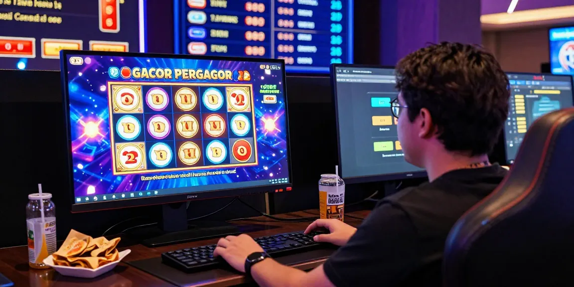 Engaging online gambling scene featuring slot gacor games, user excitedly playing with modern setup.