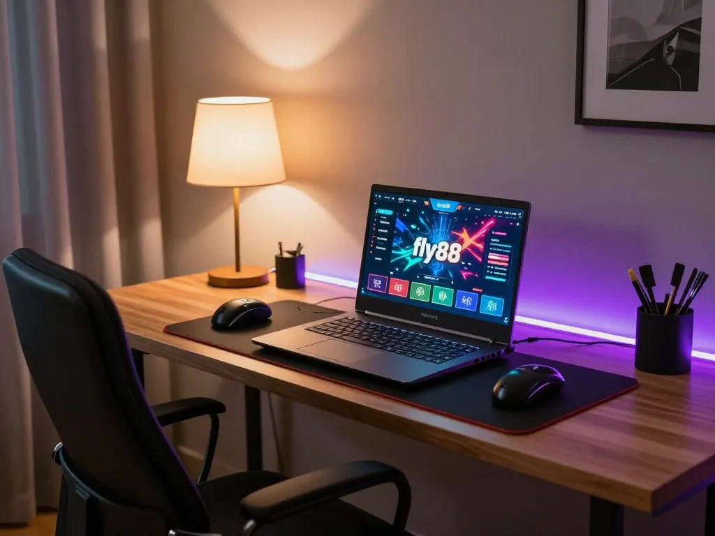 Engaging online gaming scene with fly88 interface and cozy home atmosphere
