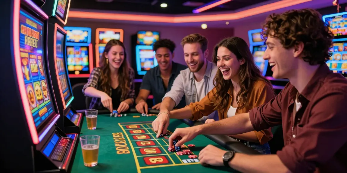 Excited players enjoying the rokok88 slot login at a vibrant casino table, filled with laughter and colorful slot machines.