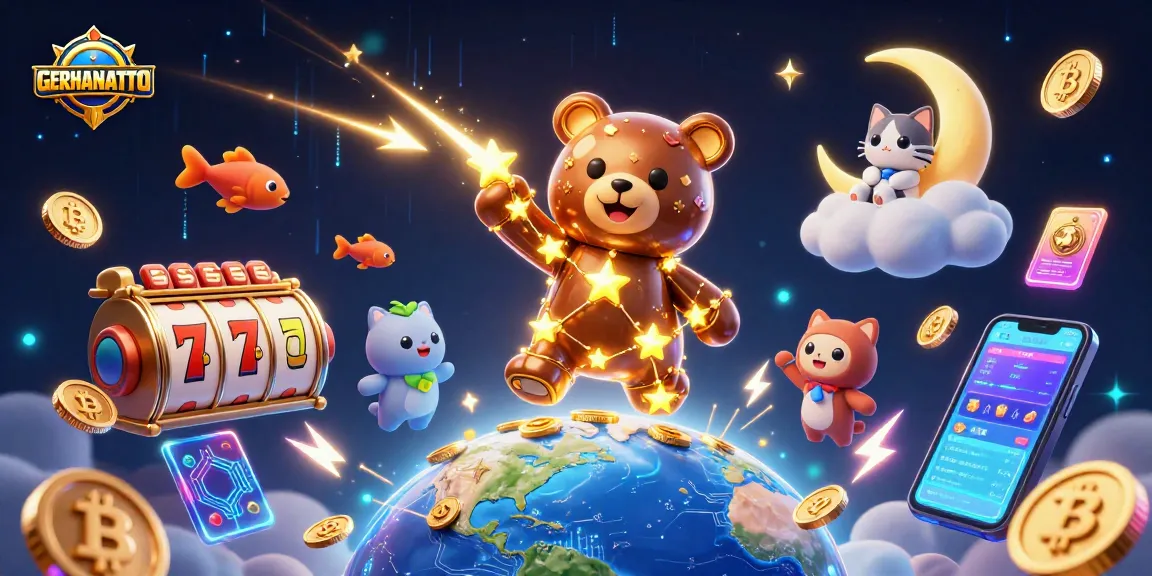 GERHANATOTO menampilkan ilustrasi kasino dengan beruang bintang dan simbol slot kemenangan.