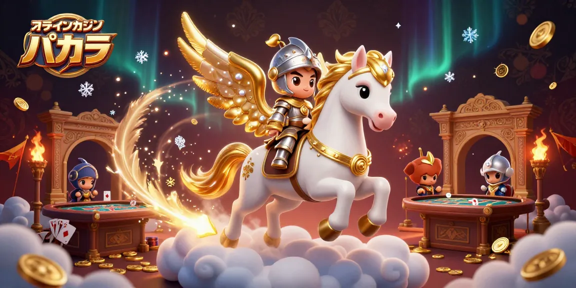 オンラインカジノ バカラでの興奮を体験する3Dイラスト。可愛い騎士が上に乗った白い天馬が雲を駆け抜けています。