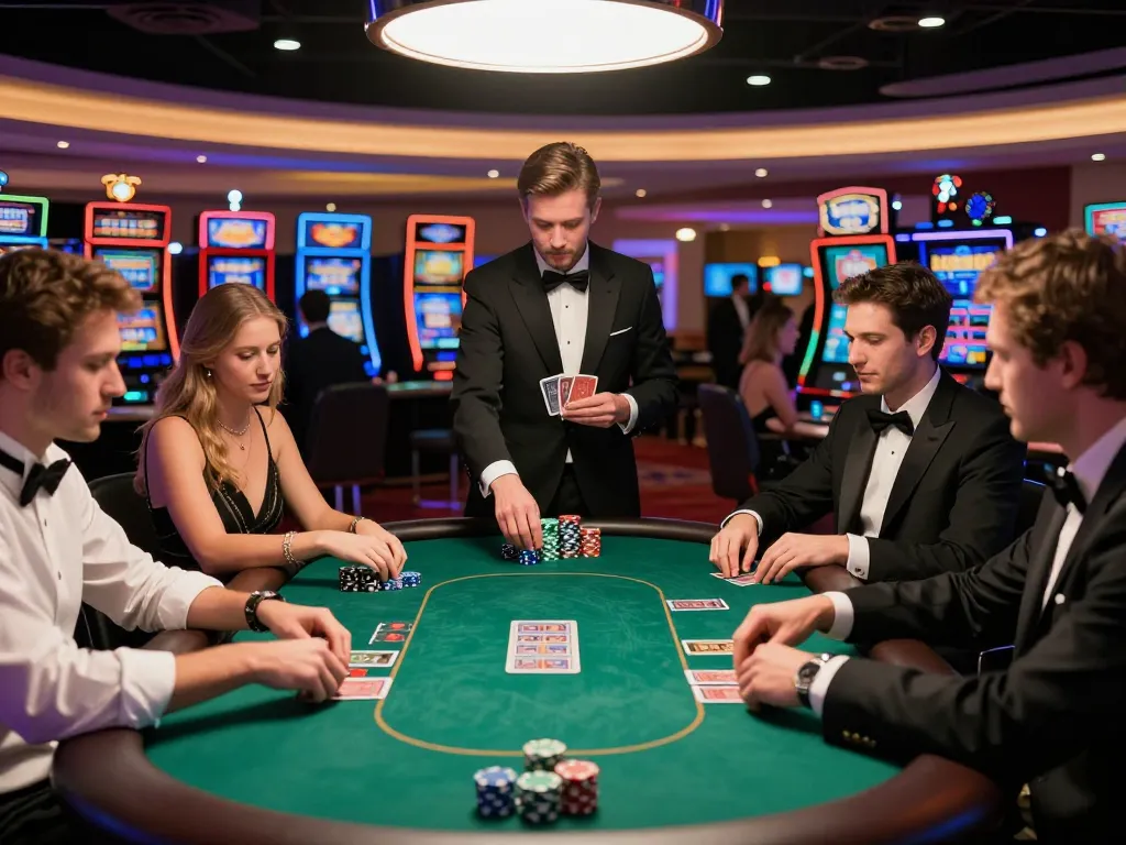 Players engaging in a thrilling poker game at 388bet casino with vibrant atmosphere