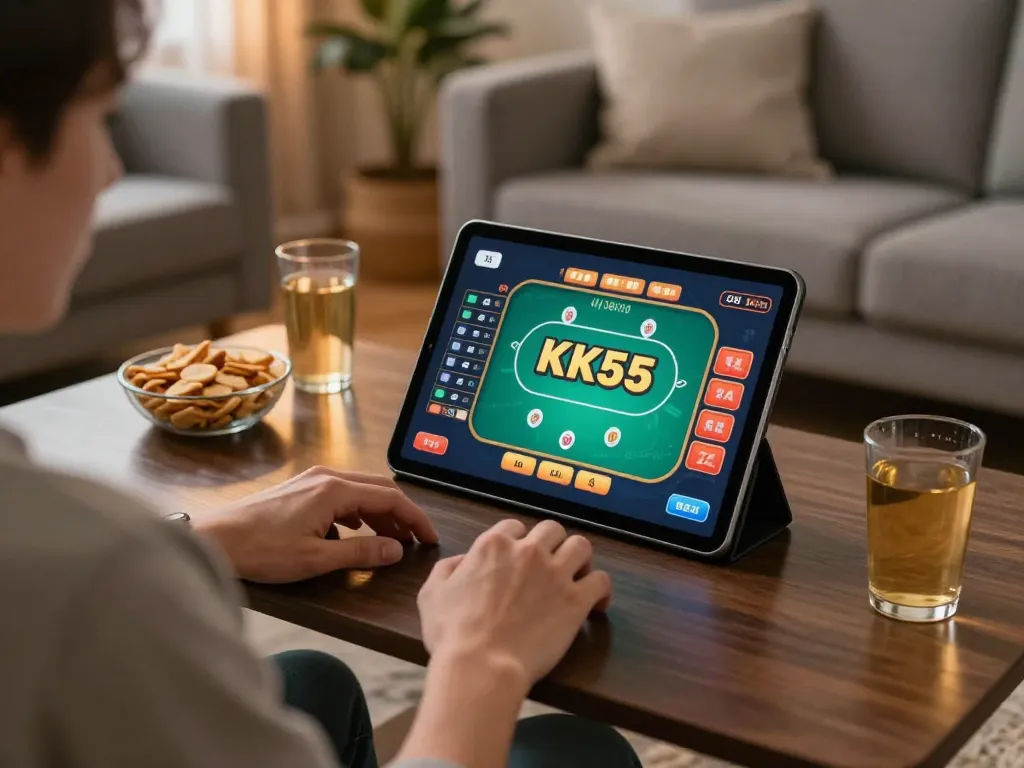 Player engaging with KK55 casino app on tablet, illustrating strategic gameplay in a cozy home setting.