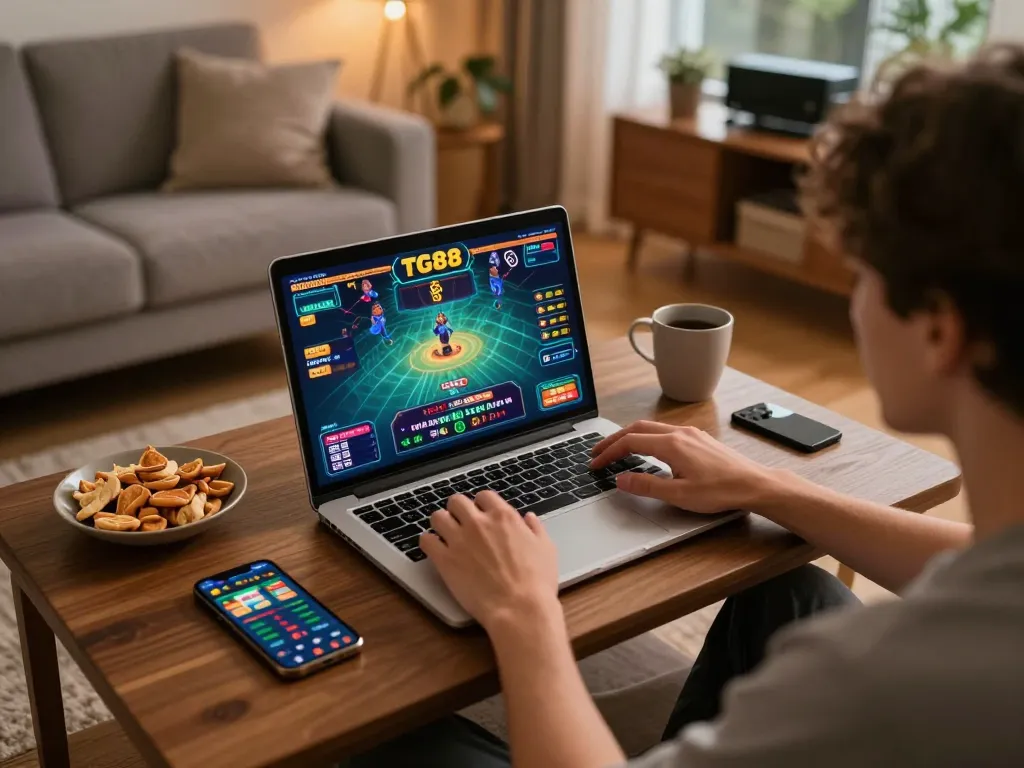 Engaging in online casino gameplay at home while using the TG88 platform for strategic betting.
