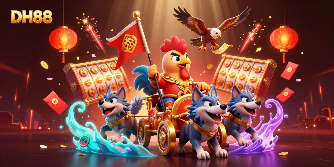 Engage in thrilling gameplay with DH88's dynamic casino scene featuring a rooster warlord and slot machines.