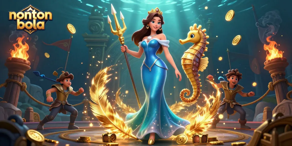 Watch nonton bola highlights in a vibrant underwater scene featuring a glowing pearl and seahorse king.
