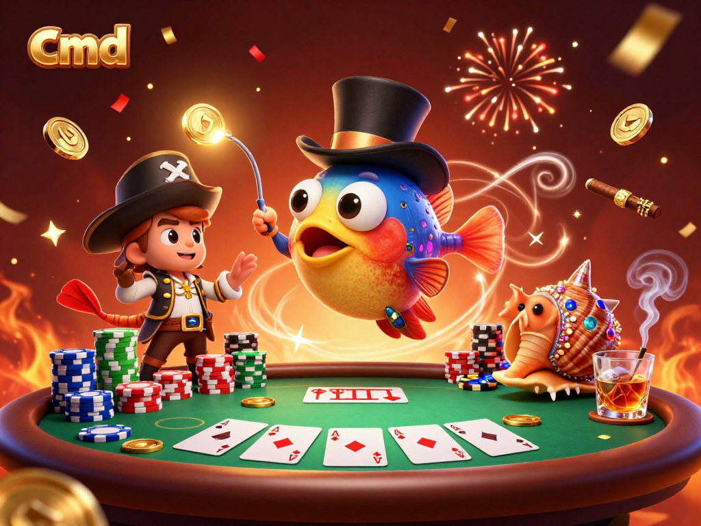 Engage with cmd as the deep-sea anglerfish attracts golden coins in a vibrant casino scene.