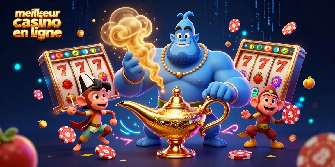 Illustration dynamique du meilleur casino en ligne avec un génie, un singe et des éléments de jeux.