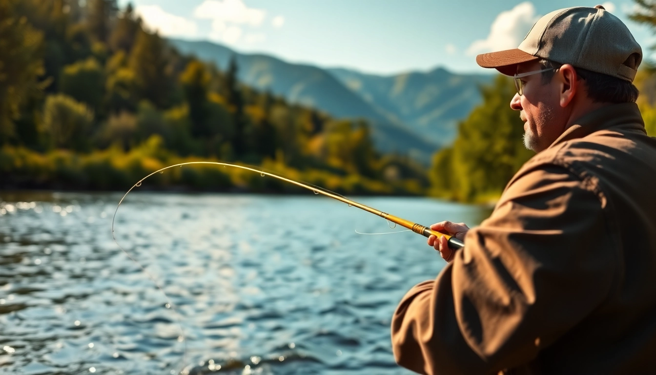 Angler expertly casting a fly fishing line over a serene river, highlighting technique and nature.