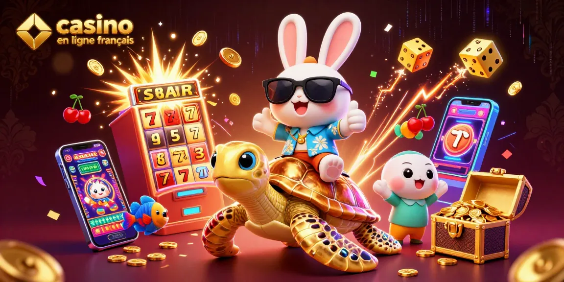 Jouez au casino en ligne français avec un adorable lapin chanceux et une tortue dorée entourés d'éléments de jackpot.