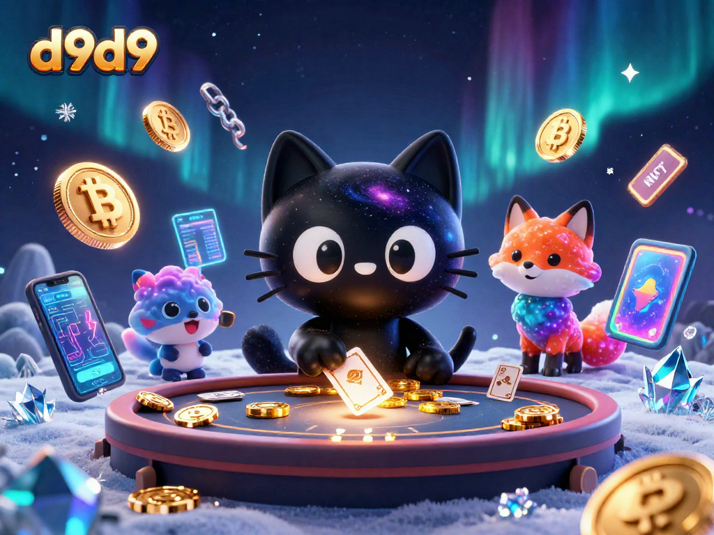Sa d9d9, ilarawan ang isang cosmic casino na puno ng mga simbolo at pera mula sa mga cryptocurrency.