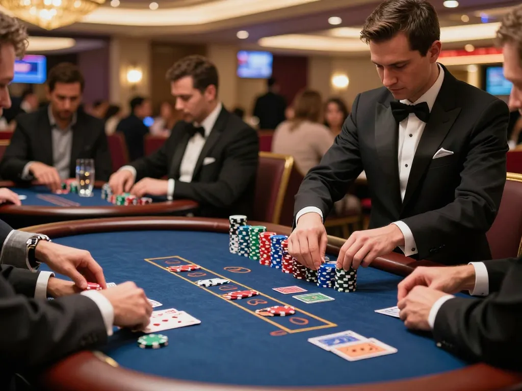 Players engage in intense poker at lc88.com, showcasing strategic gameplay amid casino excitement.