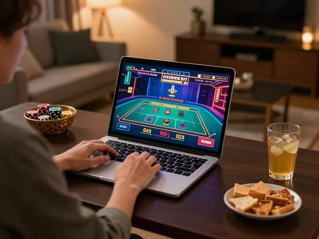 Engaging online gaming experience at kubet, featuring live dealer gameplay on laptop in cozy home setup.