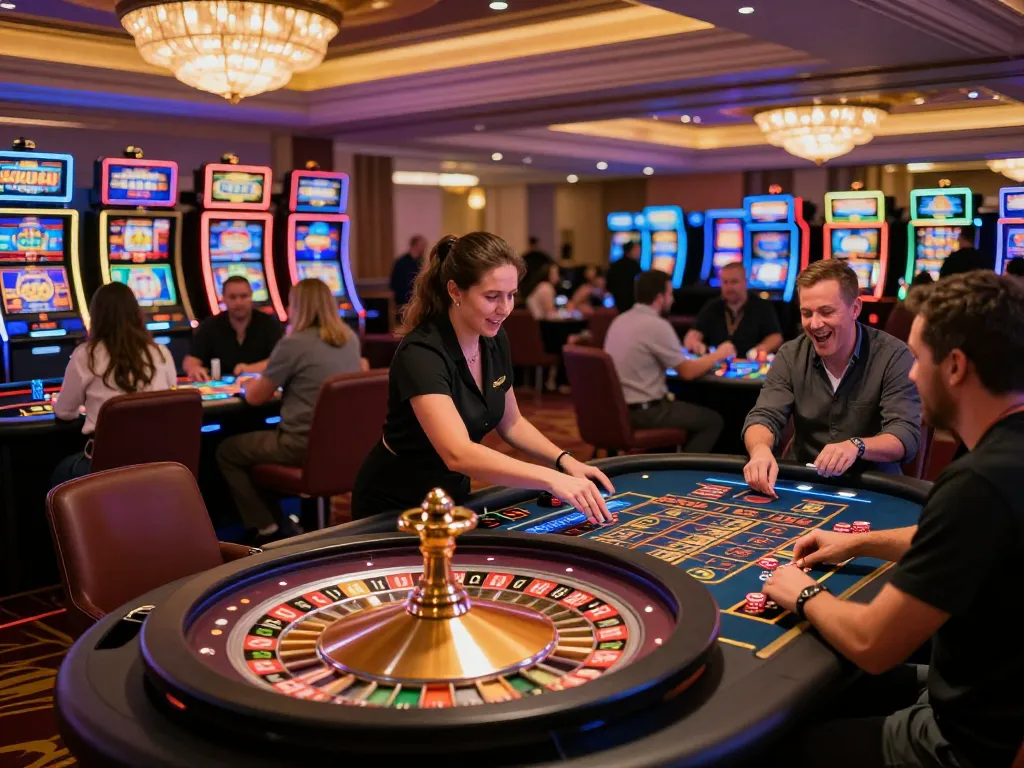Experience the thrill of SC8885 as players cheer around the roulette table in a vibrant casino atmosphere.