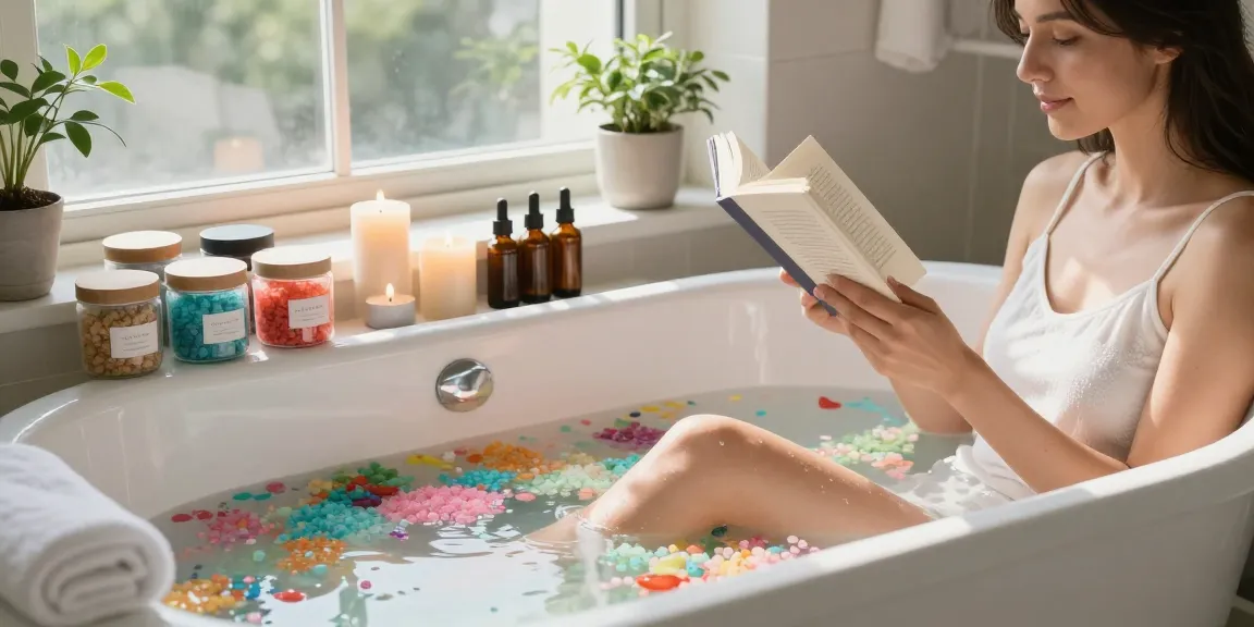 Relaxing bath scene with colorful bath salts highlighting the option to buy-bath-salts-online for a soothing experience.