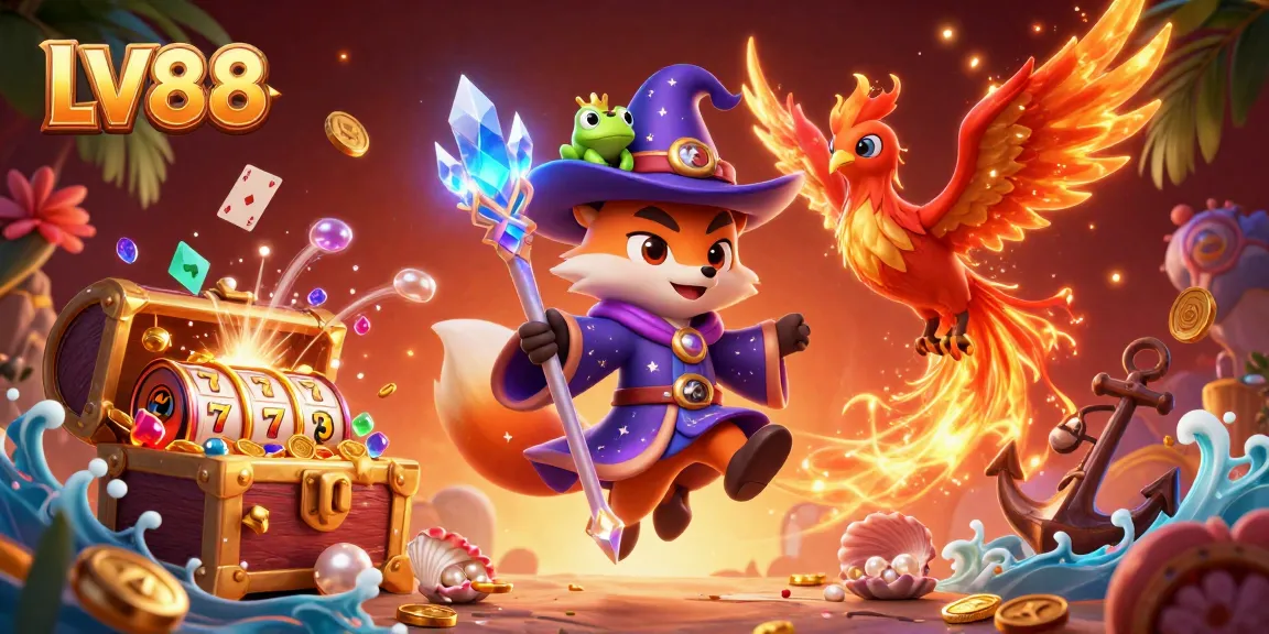 Engage with LV88's vibrant gaming scene showcasing slot reels and dynamic characters.