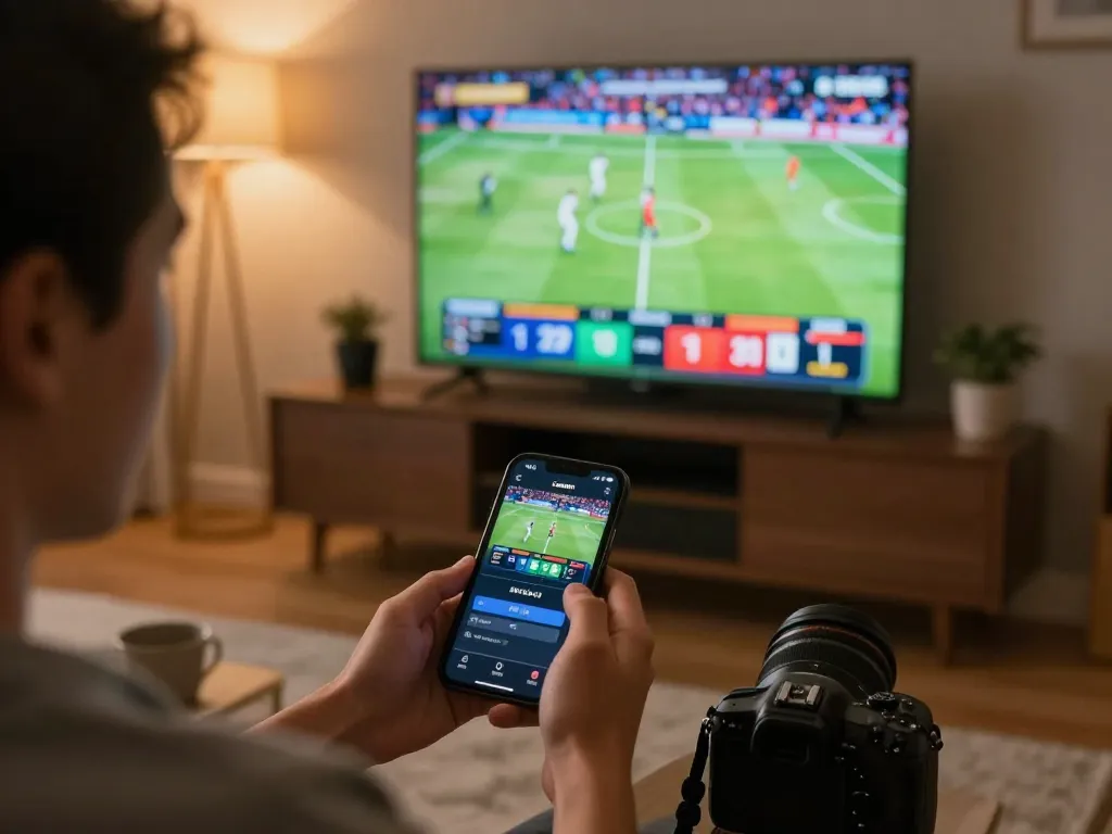 Engaging in tg8 sports betting on smartphone with exciting live game backdrop at home
