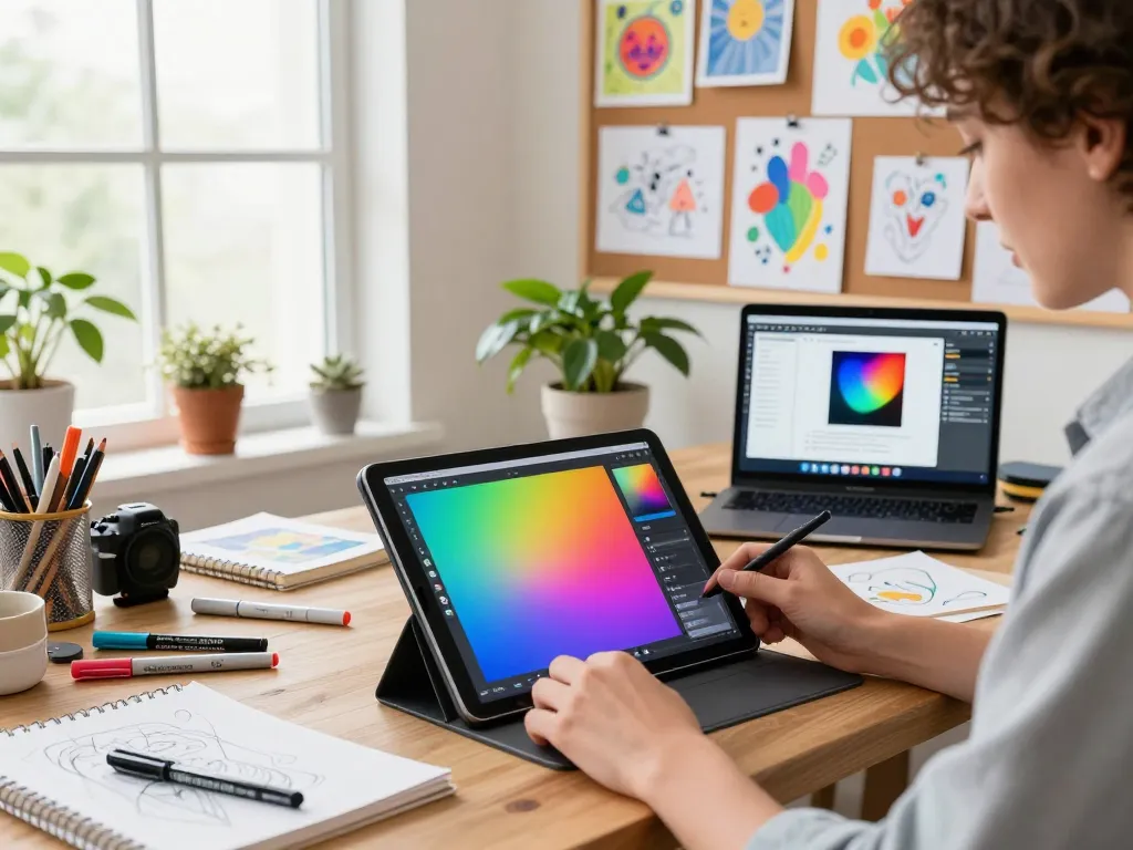 Artist using nano banana AI image editor in a vibrant digital art studio
