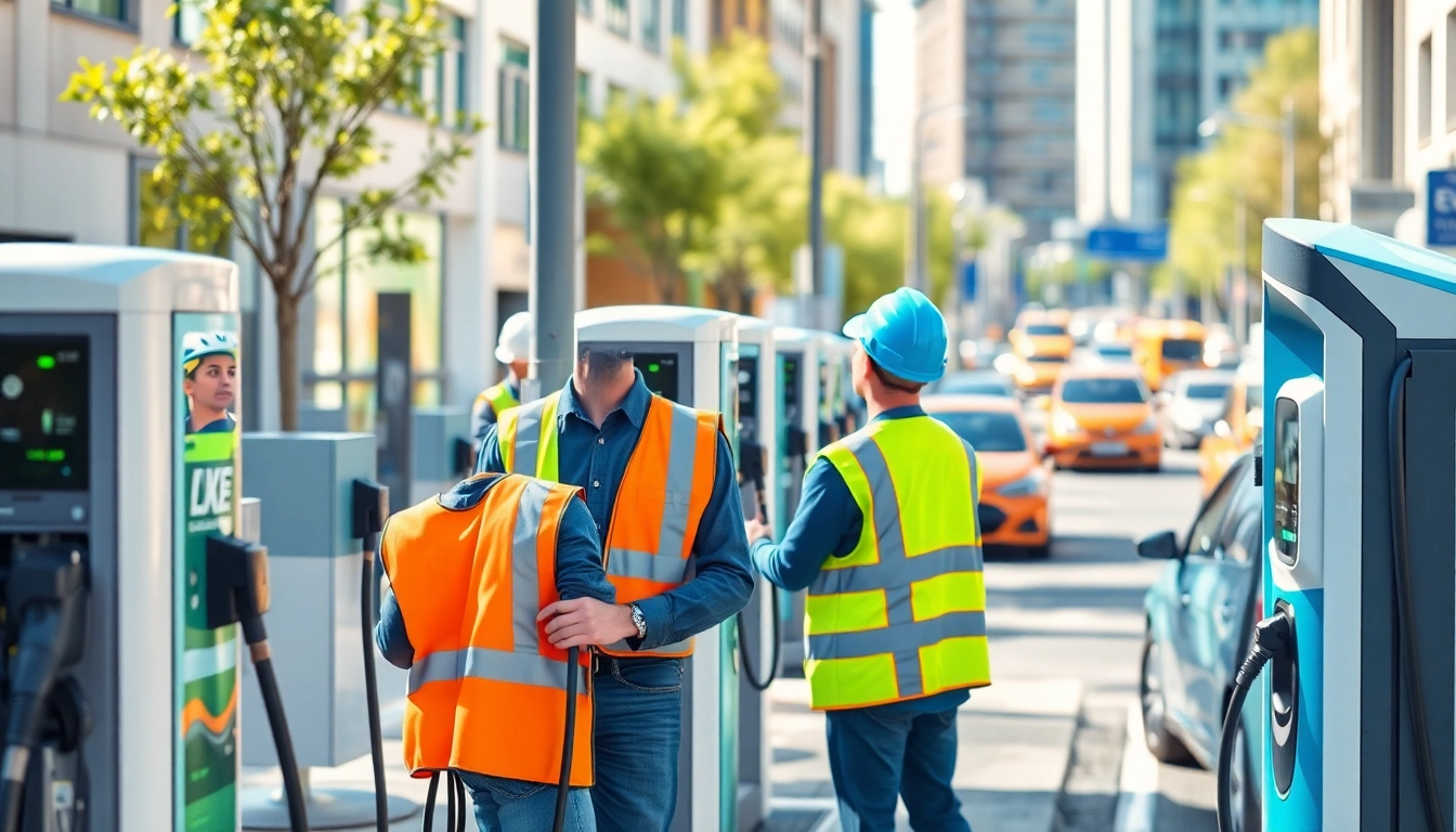 EV charging station contractors efficiently installing charging stations in an urban setting.