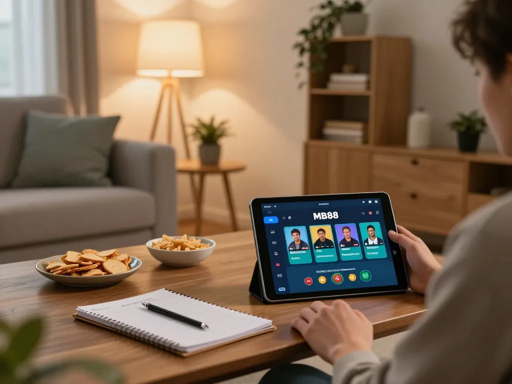Player engaging with MB88 online casino on a tablet in a comfortable home setting.