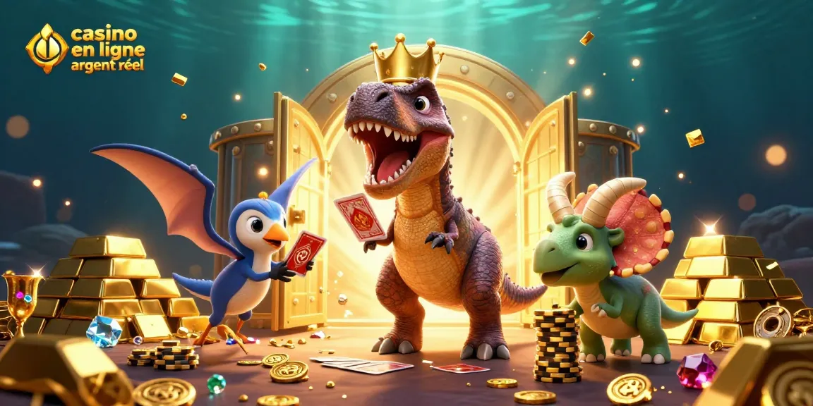Jouez dans un casino en ligne argent réel avec des personnages de dinosaures gagnant des jetons d'or.