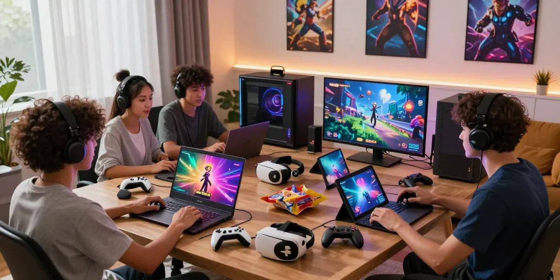 Group of gamers enjoying free porn games on multiple devices in a stylish living room.
