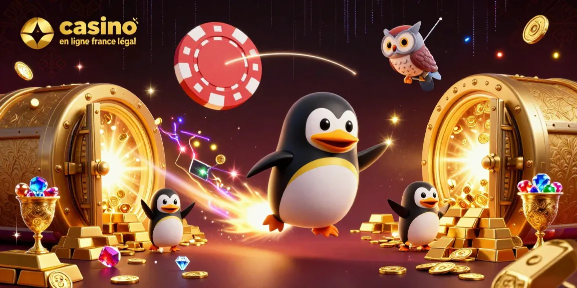 Illustration d'un pingouin en or propulsé par une fusée, représentant le casino en ligne France légal dans un univers lumineux rempli de trésors.