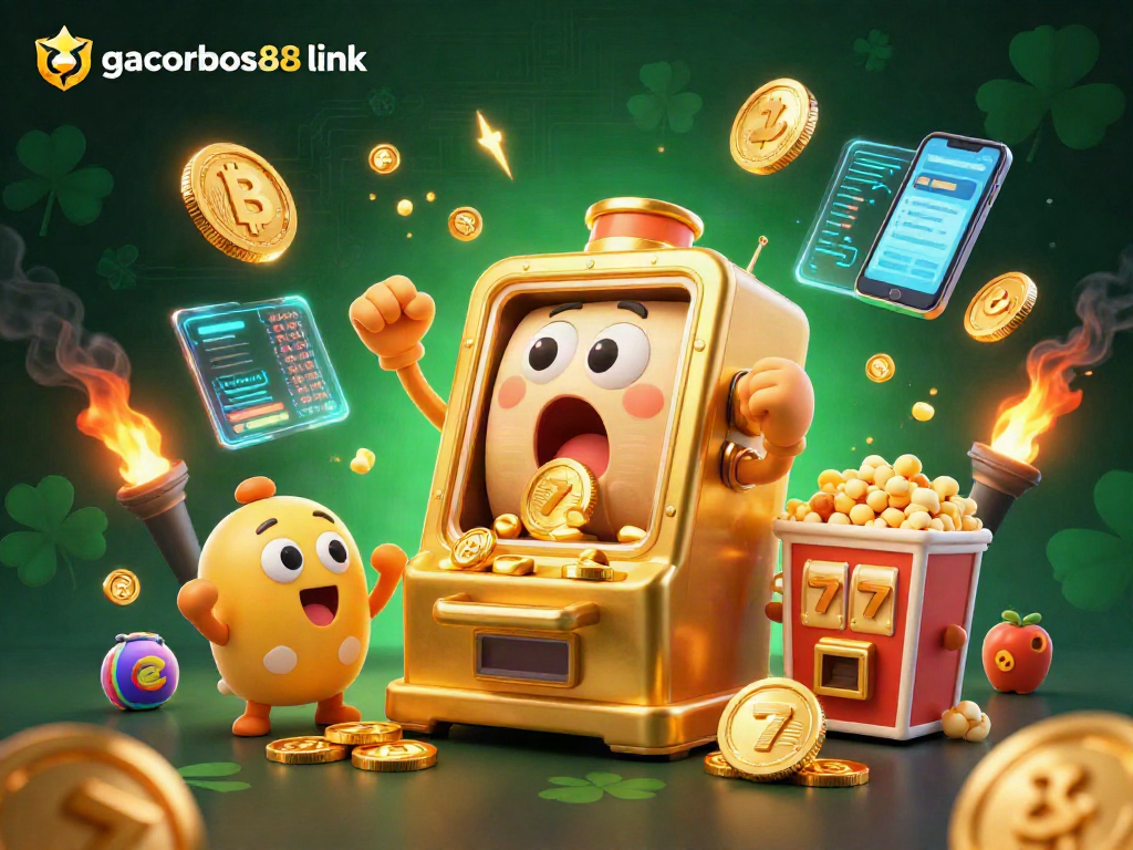 Spin the reels with the gacorbos88 link to unlock jackpots in a vibrant casino illustration.