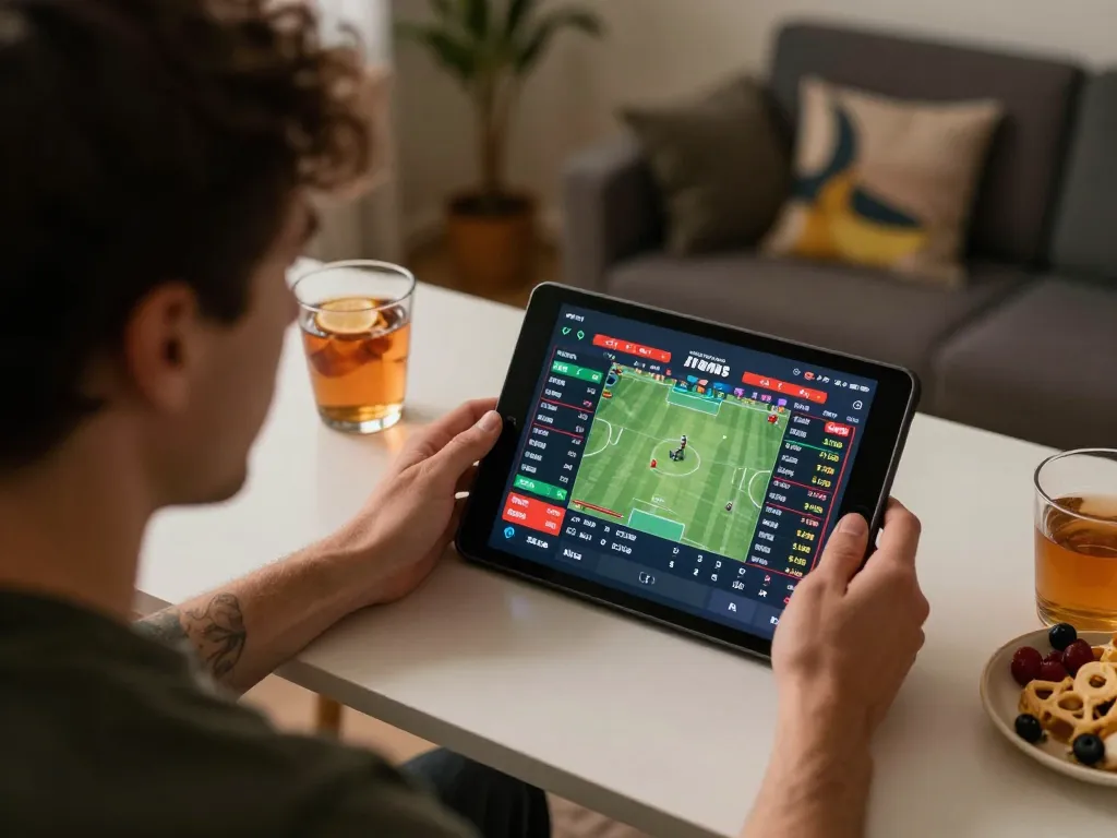 Engaged bettor analyzing live odds for sc88 sports betting on tablet in home office