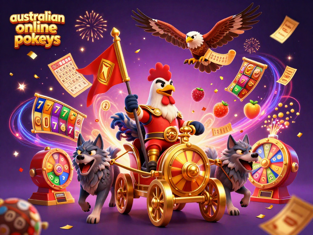 Engage in australian online pokies with dynamic elements and characters in a vibrant 3D illustration.