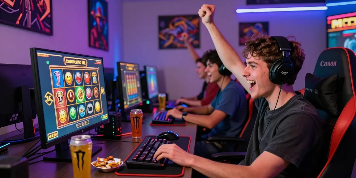 Exciting gaming scene featuring friends celebrating a win while playing slot deposit 1k online.