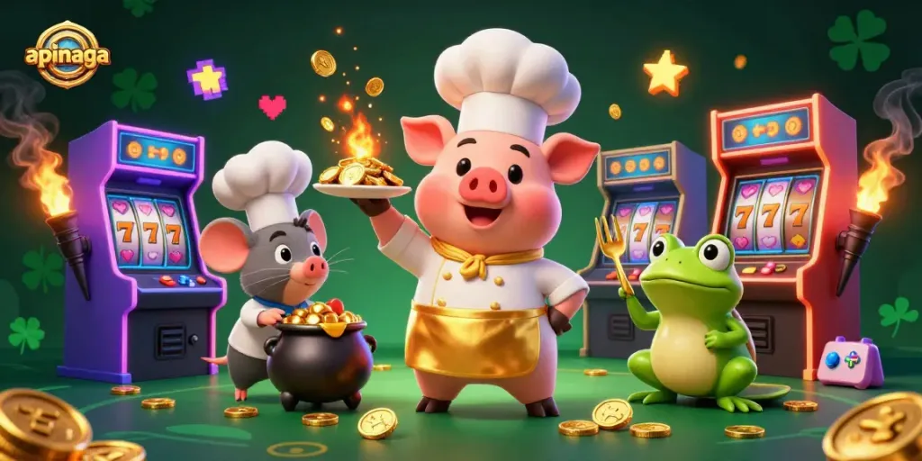 Join the action with apinaga, where a chef pig serves golden coins in a lively casino scene.